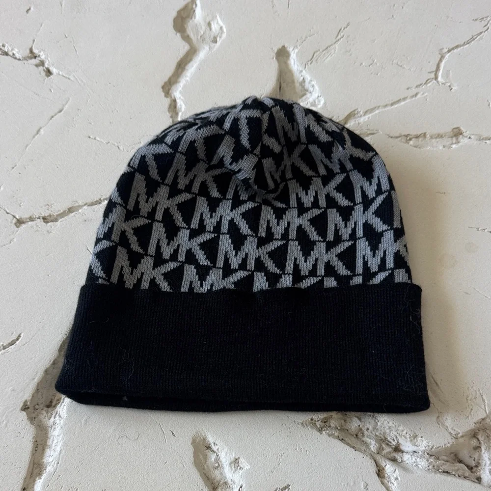 Michael Kors Black & Gray MK Logo Knit Beanie